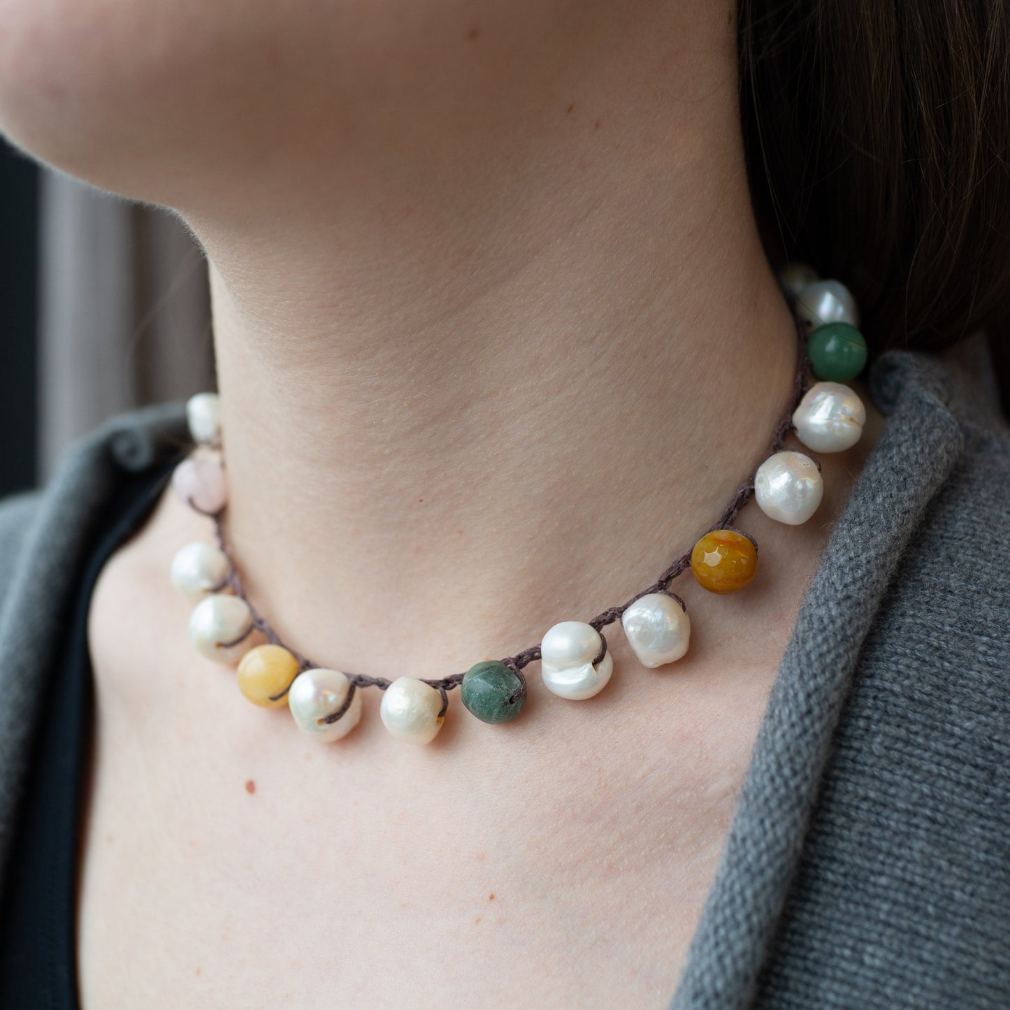 Colorful Stones and Pearl Leather Choker
