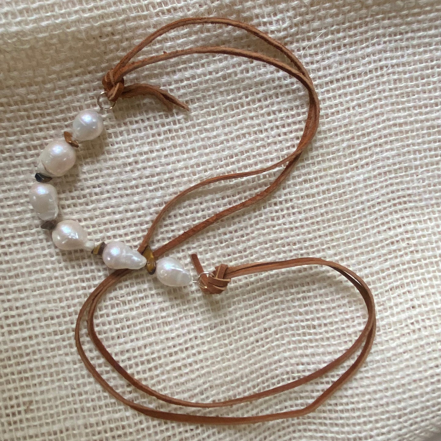 Pearl and Tiger's Eye Leather Necklace