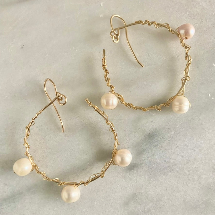 Large Gold Hoop Pearl Earrings