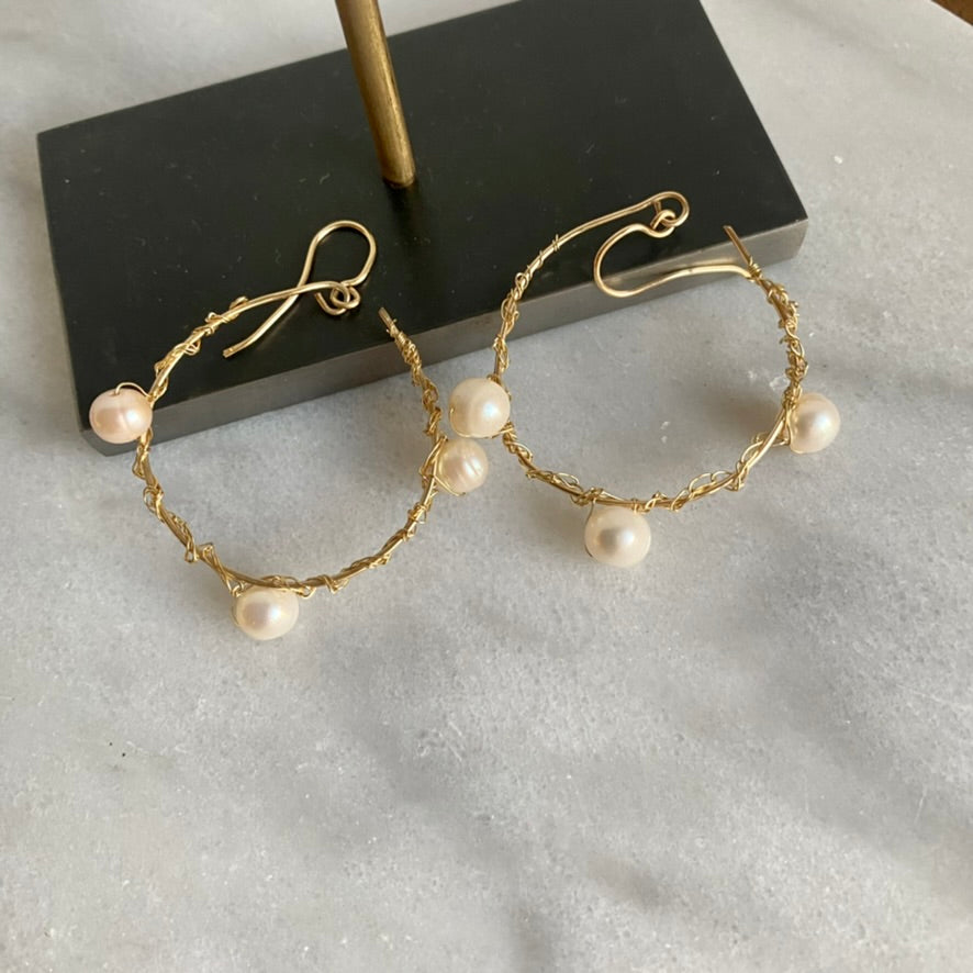 Large Gold Hoop Pearl Earrings