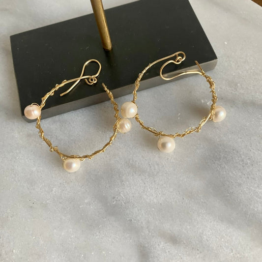 Large Gold Hoop Pearl Earrings