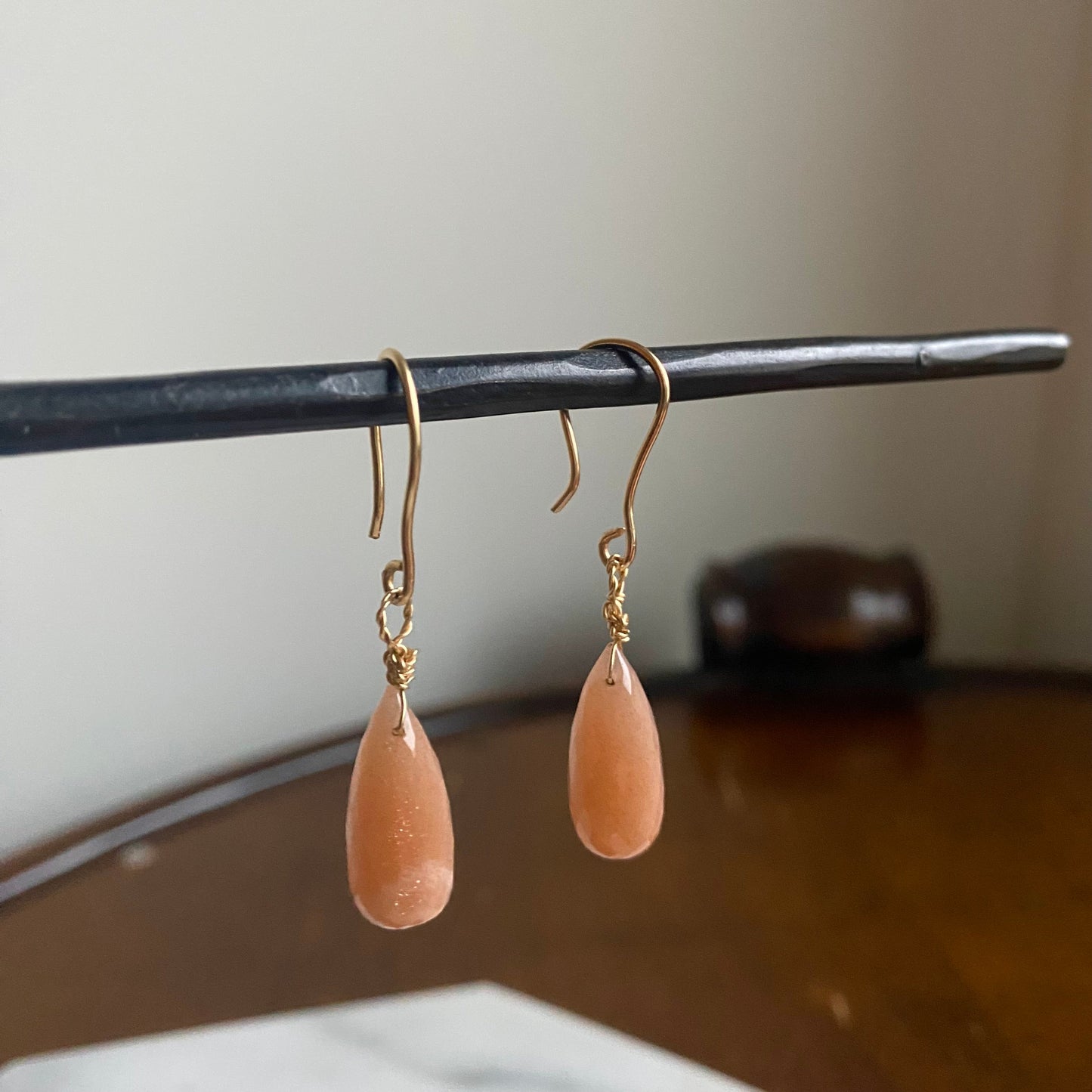 Peach Moonstone Gold Drop Earrings