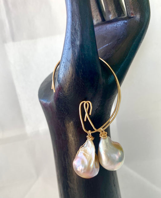 Gold Hoops with Baroque Fresh Water Pearl.
