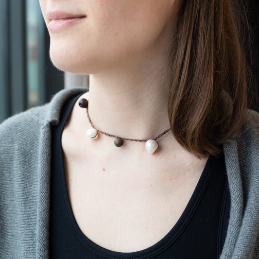 Artsy Leather and Pearl Choker