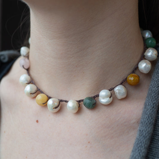 Colorful Stones and Pearl Leather Choker