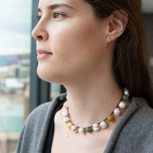 Colorful Stones and Pearl Leather Choker